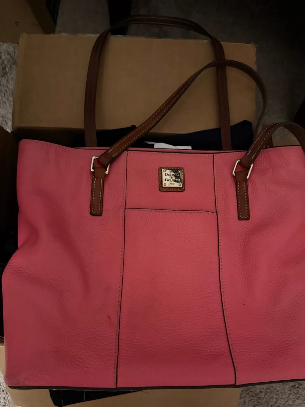 COMING SOON Dooney & Bourke Coral Pink Leather Tote with Brown Straps